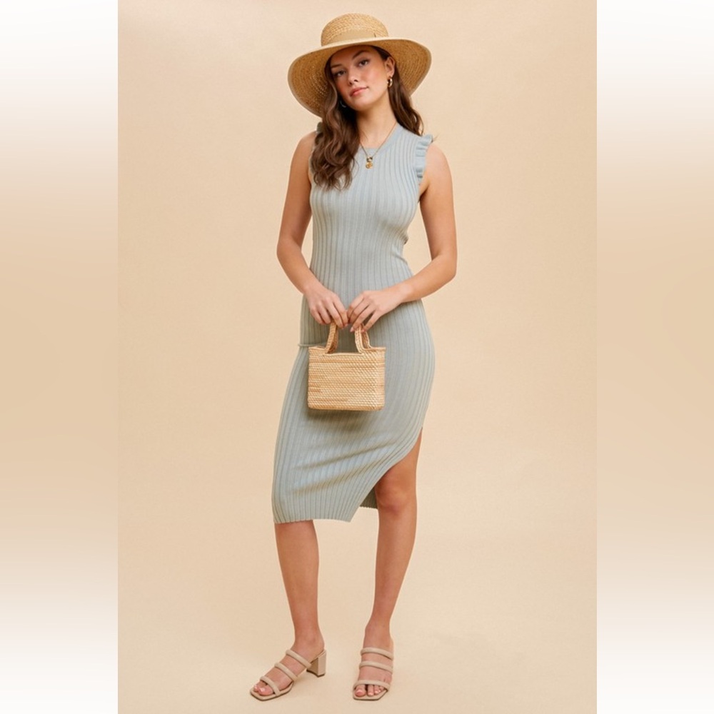 Hem & Thread Ribbed Knit Midi Dress in Light Blue NWT